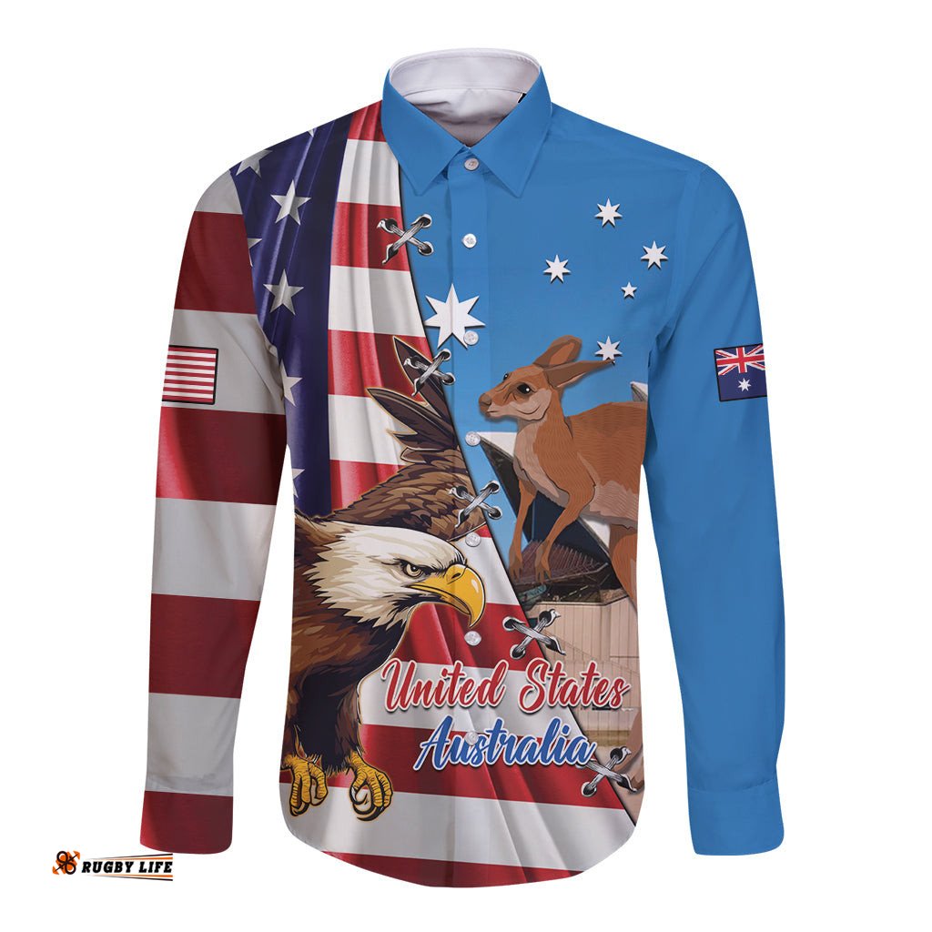 Personalised United States And Australia Long Sleeve Button Shirt USA Eagle With Aussie Kangaroo