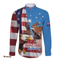Personalised United States And Australia Long Sleeve Button Shirt USA Eagle With Aussie Kangaroo