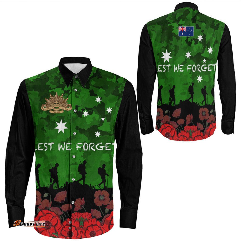 Australia Anzac Day Camouflage & Poppy Long Sleeve Button Shirt