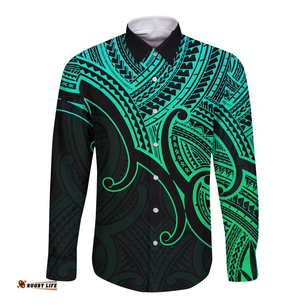 Aotearoa Maori Koru Long Sleeve Button Shirt Polynesian Pacific Tribal Green