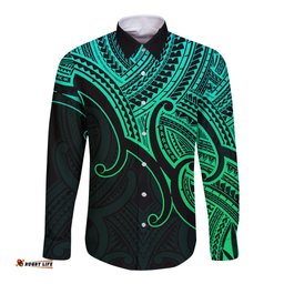 Aotearoa Maori Koru Long Sleeve Button Shirt Polynesian Pacific Tribal Green