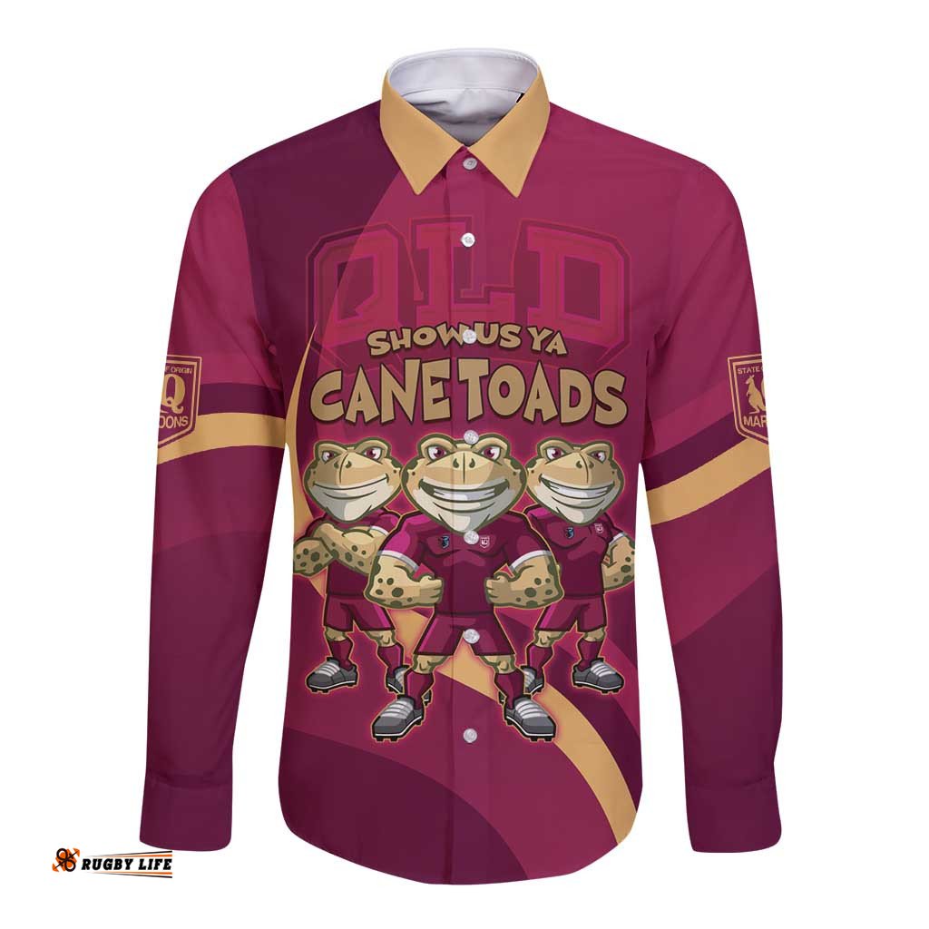Custom QLD Maroons Cane Toad Long Sleeve Button Shirt Queensland Origin No3