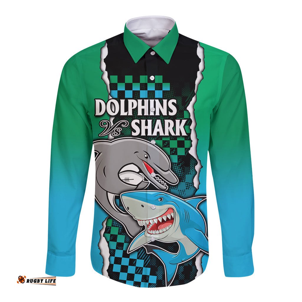 Custom NRL Combine Rabbitohs and Shark Long Sleeve Button Shirt Sporty Style