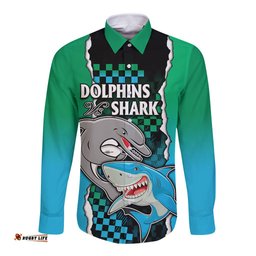Custom NRL Combine Rabbitohs and Shark Long Sleeve Button Shirt Sporty Style