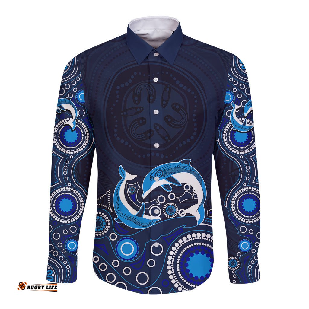Australia Aboriginal Long Sleeve Button Shirt Dolphin Dark Blue