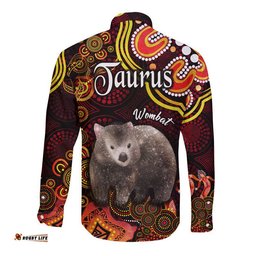 Australian Astrology Hawaii Long Sleeve Button Shirt Taurus Wombat Zodiac Aboriginal Vibes Red