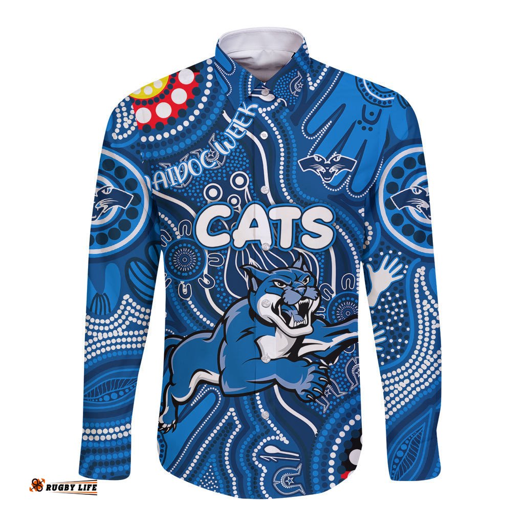 Personalised NAIDOC Week 2024 Geelong Cats Long Sleeve Button Shirt Australian Aboriginal Hand Painting