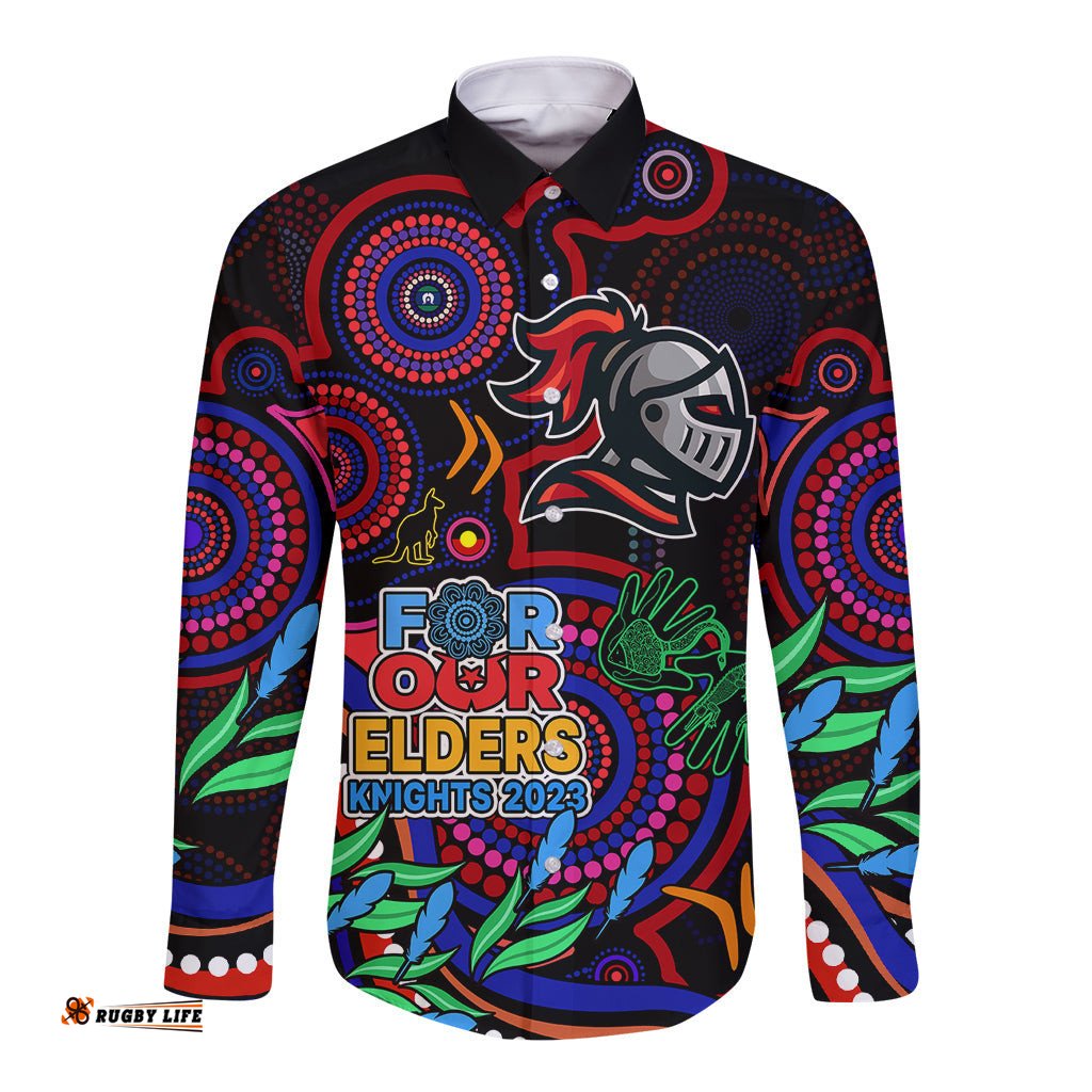 Custom Knights Rugby Aboriginal Art Long Sleeve Button Shirt NAIDOC Indigenous Tribal