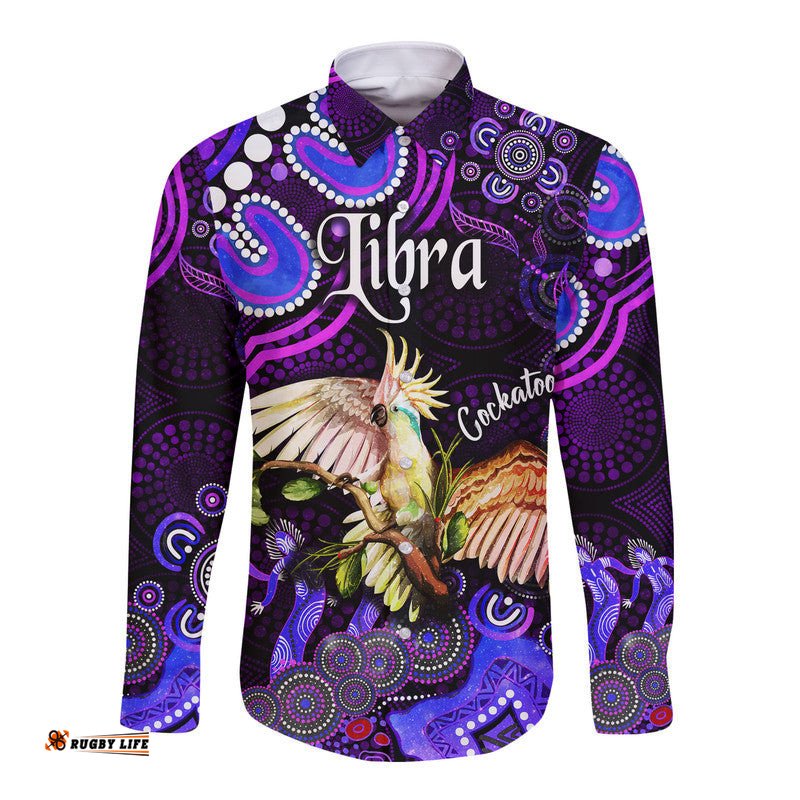 Custom Personalised Australian Astrology Hawaii Long Sleeve Button Shirt Libra Cockatoo Glider Zodiac Aboriginal Vibes Purple