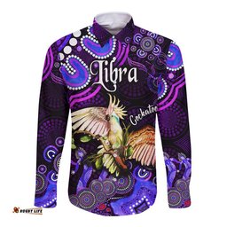 Custom Personalised Australian Astrology Hawaii Long Sleeve Button Shirt Libra Cockatoo Glider Zodiac Aboriginal Vibes Purple