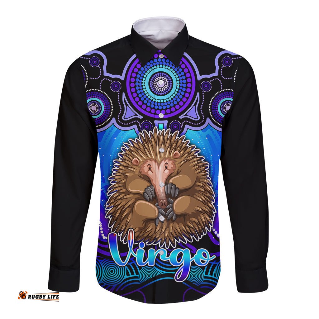 Personalised Australia Virgo Echidna Zodiac Long Sleeve Button Shirt Auz Astrology Aboriginal Blue