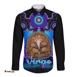 Personalised Australia Virgo Echidna Zodiac Long Sleeve Button Shirt Auz Astrology Aboriginal Blue
