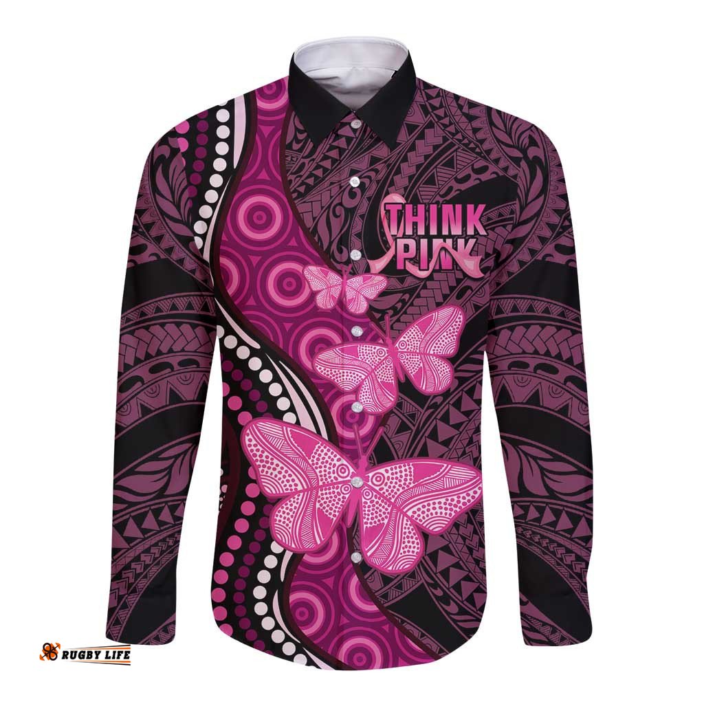 Think Pink Breast Cancer Awareness Long Sleeve Button Shirt Butterfly Aboriginal Mix Polynesian Pattern