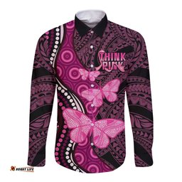 Think Pink Breast Cancer Awareness Long Sleeve Button Shirt Butterfly Aboriginal Mix Polynesian Pattern
