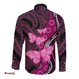 Think Pink Breast Cancer Awareness Long Sleeve Button Shirt Butterfly Aboriginal Mix Polynesian Pattern