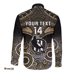 Personalised Collingwood Football Long Sleeve Button Shirt Go Magpies Aboriginal Mix Polynesian Pattern