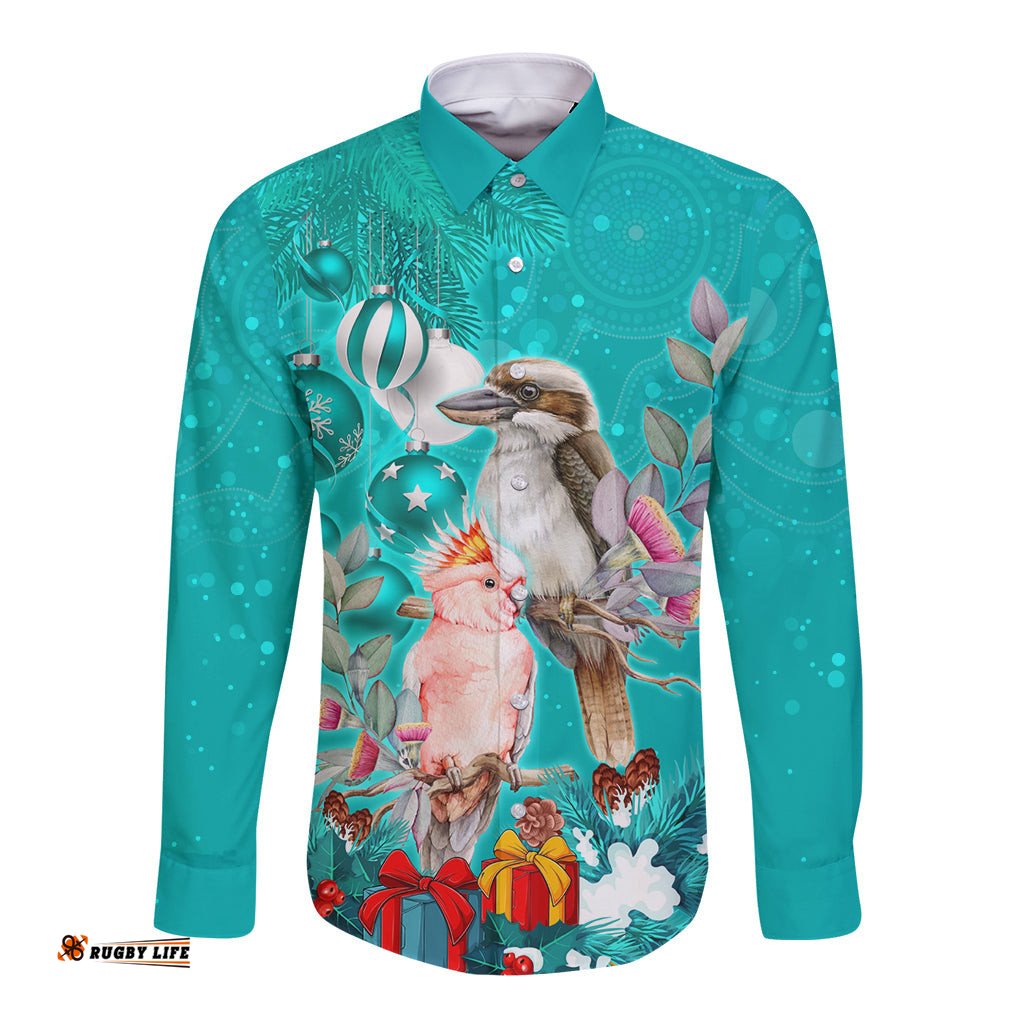 Personalised Kookaburra and Cockatoo Long Sleeve Button Shirt Australia Merry Christmas Aboriginal Teal Style