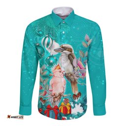 Personalised Kookaburra and Cockatoo Long Sleeve Button Shirt Australia Merry Christmas Aboriginal Teal Style
