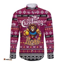 Personalized Lions Football Xmas Long Sleeve Button Shirt Australia AFL Mascot