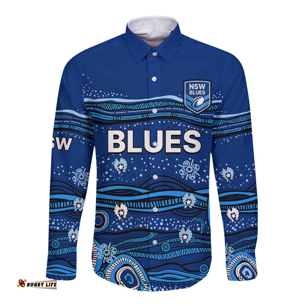 Custom Text And Number NSW Blues Rugby Long Sleeve Button Shirt Aboriginal Indigenous