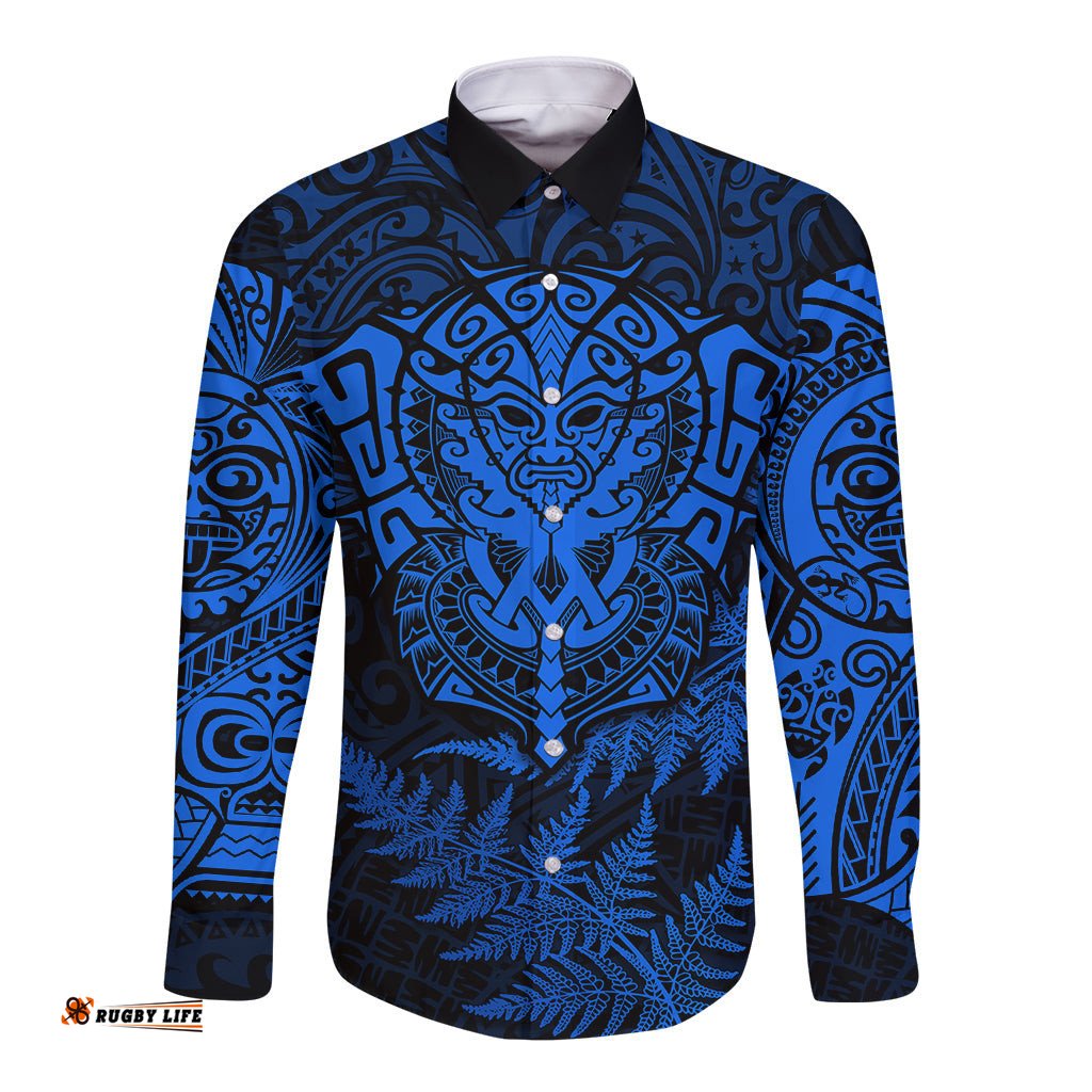 Personalised New Zealand Rugby Long Sleeve Button Shirt Silver Fern All Black Mix Ta Moko Blue Style