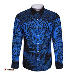 Personalised New Zealand Rugby Long Sleeve Button Shirt Silver Fern All Black Mix Ta Moko Blue Style