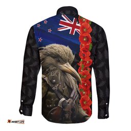 New Zealand Kiwi Soldier ANZAC Long Sleeve Button Shirt Red Poppy Flower and Silver Fern Pattern