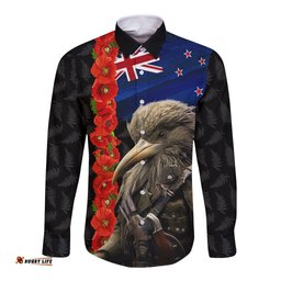 New Zealand Kiwi Soldier ANZAC Long Sleeve Button Shirt Red Poppy Flower and Silver Fern Pattern