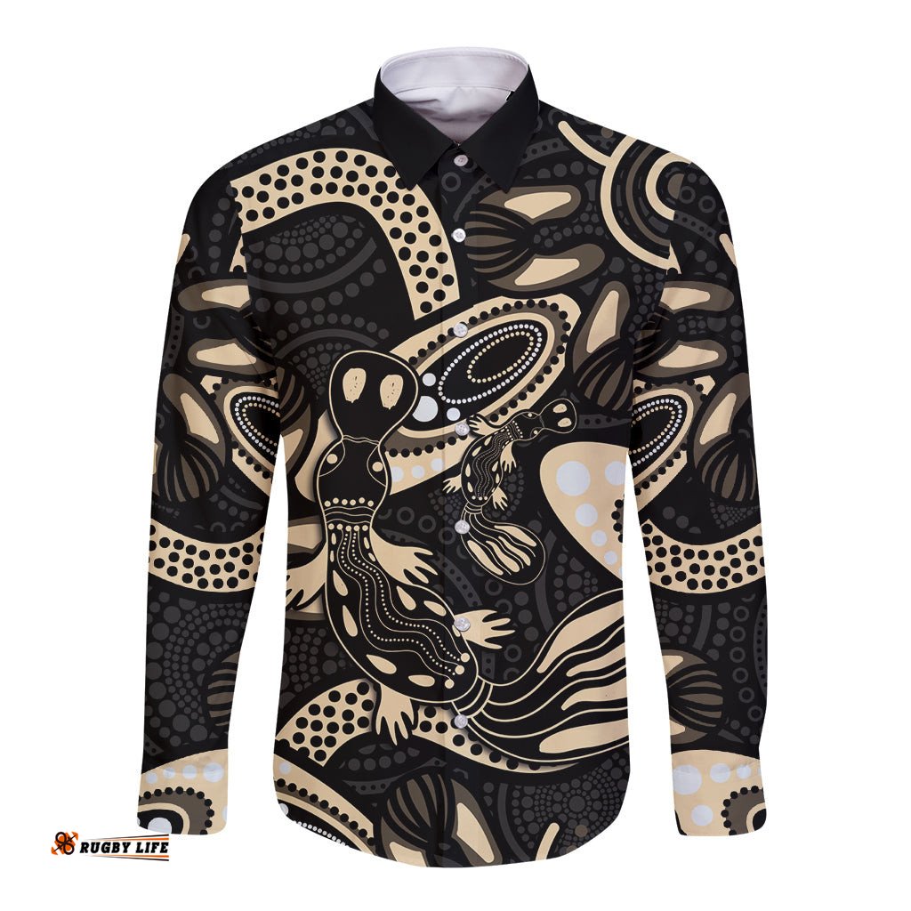 Australia Mothers Day Long Sleeve Button Shirt Mom And Baby Platypus Aboriginal Art