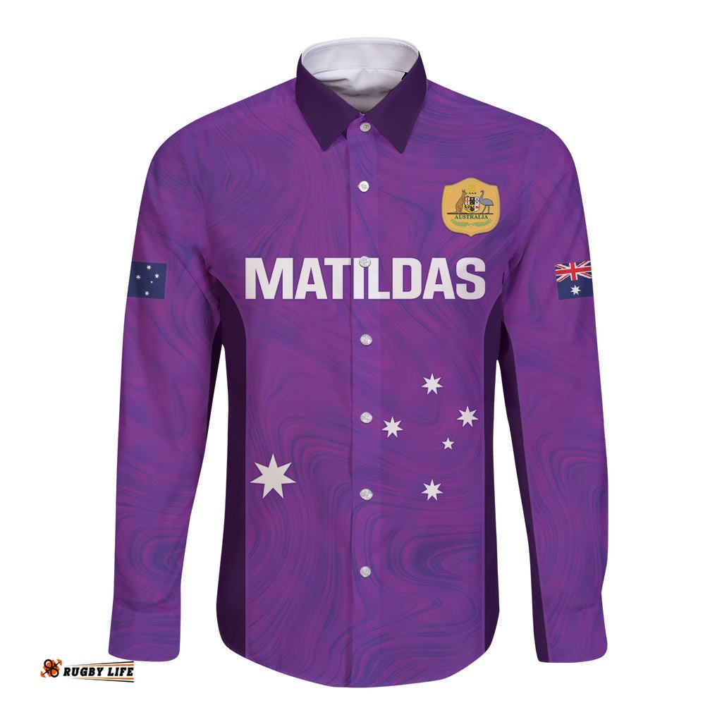 Custom Australia Soccer Long Sleeve Button Shirt Matildas Go Champions Purple
