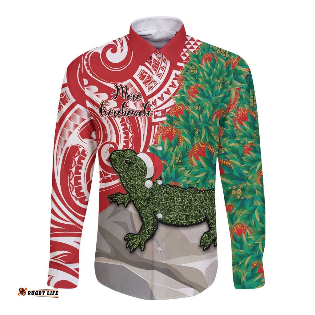 Personalised New Zealand Tuatara Christmas Long Sleeve Button Shirt Meri Kirihimete Aotearoa Maori Mix Pohutukawa