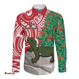 Personalised New Zealand Tuatara Christmas Long Sleeve Button Shirt Meri Kirihimete Aotearoa Maori Mix Pohutukawa