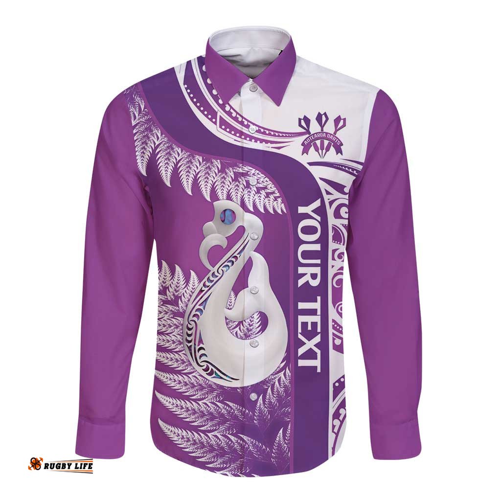 Personalised New Zealand Darts Long Sleeve Button Shirt Aotearoa Fern Mix Paua Shell Manaia Purple