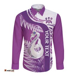 Personalised New Zealand Darts Long Sleeve Button Shirt Aotearoa Fern Mix Paua Shell Manaia Purple