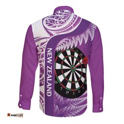Personalised New Zealand Darts Long Sleeve Button Shirt Aotearoa Fern Mix Paua Shell Manaia Purple