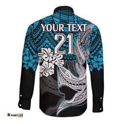Custom Sharks Rugby Long Sleeve Button Shirt Hibiscus and Sharkies Tattoo With Polynesian Pattern