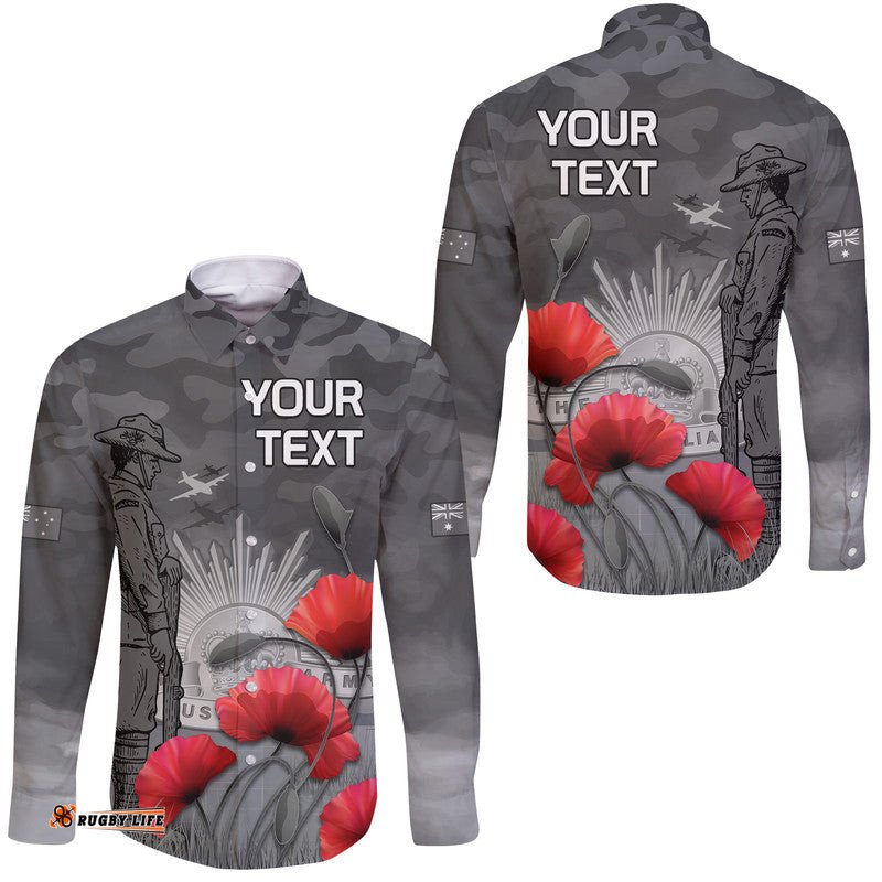 Custom Personalised Remembrance Day Hawaii Long Sleeve Button Shirt Soldier Australian Army Rising Sun With Red Poppy