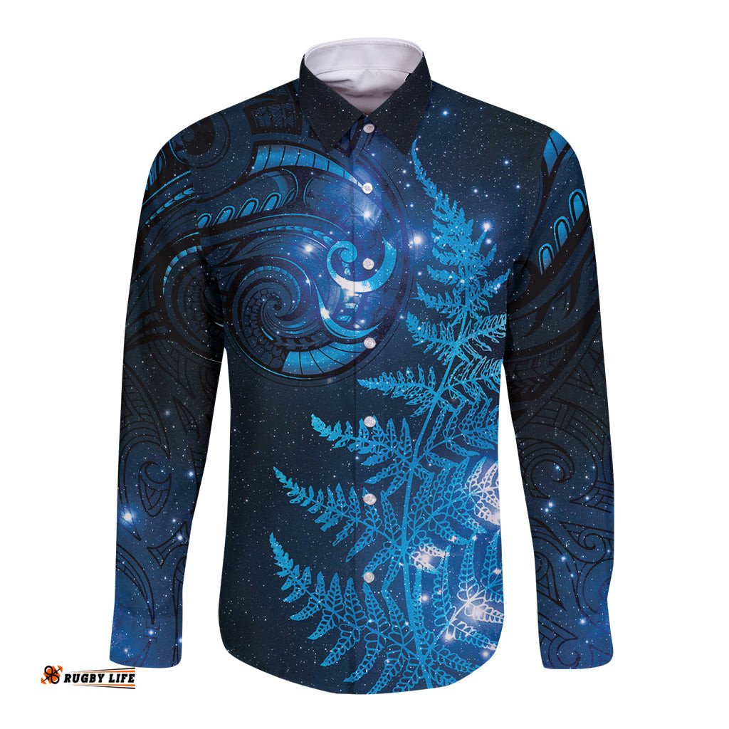 New Zealand Matariki Long Sleeve Button Shirt Blue Milky Way Stars Night Sky