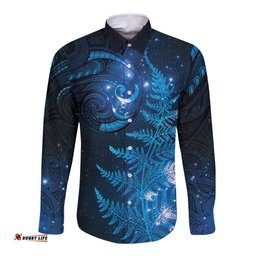 New Zealand Matariki Long Sleeve Button Shirt Blue Milky Way Stars Night Sky