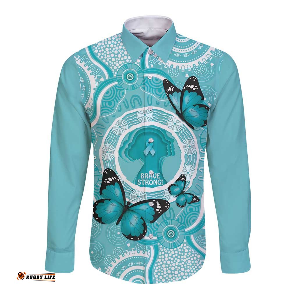 Australia Cervical Cancer Awareness Month Long Sleeve Button Shirt Brave Strong Butterfly Aboriginal Art