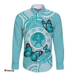 Australia Cervical Cancer Awareness Month Long Sleeve Button Shirt Brave Strong Butterfly Aboriginal Art