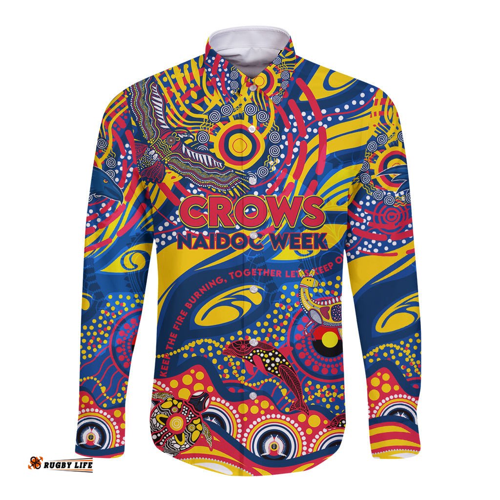 Custom NAIDOC Week 2024 Crows Long Sleeve Button Shirt Aboriginal Animals Keep The Fire Burning