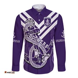 Custom Text And Number Dockers Football Long Sleeve Button Shirt Fremantle Anchor Mix Aboriginal Pattern Dynamic Style