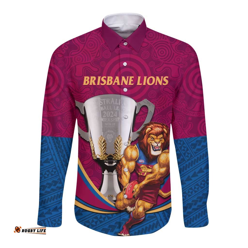 Personalised AFL Brisbane Lions Long Sleeve Button Shirt 2024 We Are The Champions - Trophy Style