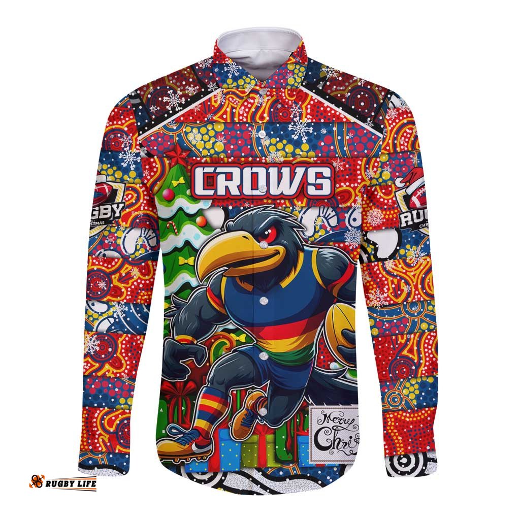 Custom Crows Football Merry Christmas Long Sleeve Button Shirt Indigenous Australian Art