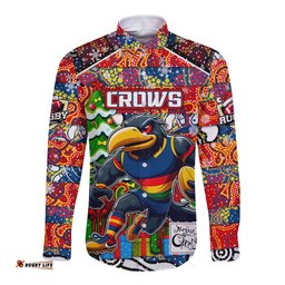 Custom Crows Football Merry Christmas Long Sleeve Button Shirt Indigenous Australian Art