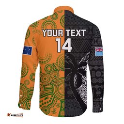 Custom Fiji And Australia Rugby Long Sleeve Button Shirt Fijian Tapa Pattern With Aussie Aboriginal Art