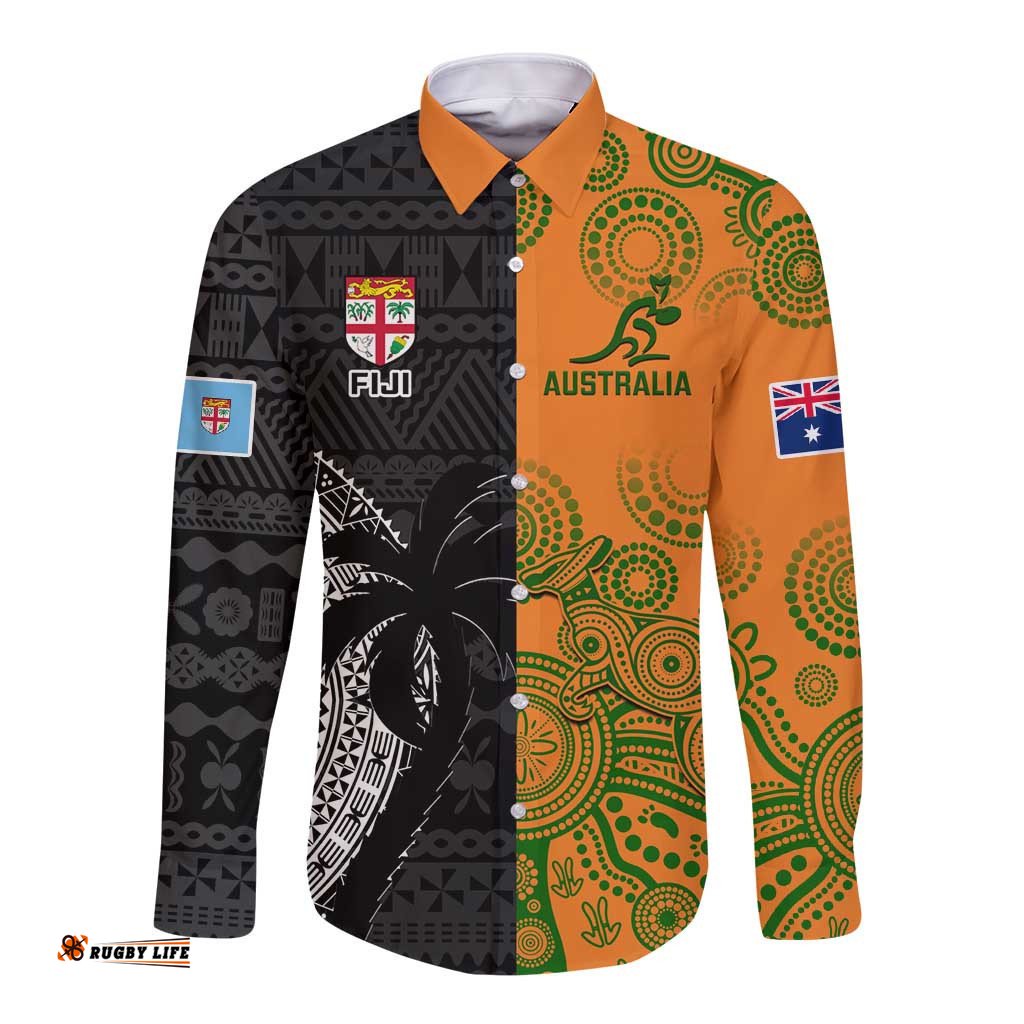 Custom Fiji And Australia Rugby Long Sleeve Button Shirt Fijian Tapa Pattern With Aussie Aboriginal Art