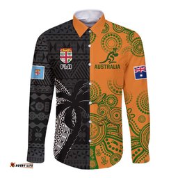 Custom Fiji And Australia Rugby Long Sleeve Button Shirt Fijian Tapa Pattern With Aussie Aboriginal Art