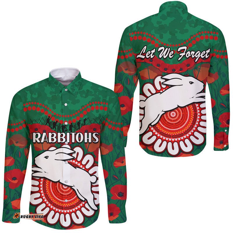 Rabbitohs Rugby ANZAC Hawaii Long Sleeve Button Shirt Camouflage Poppy